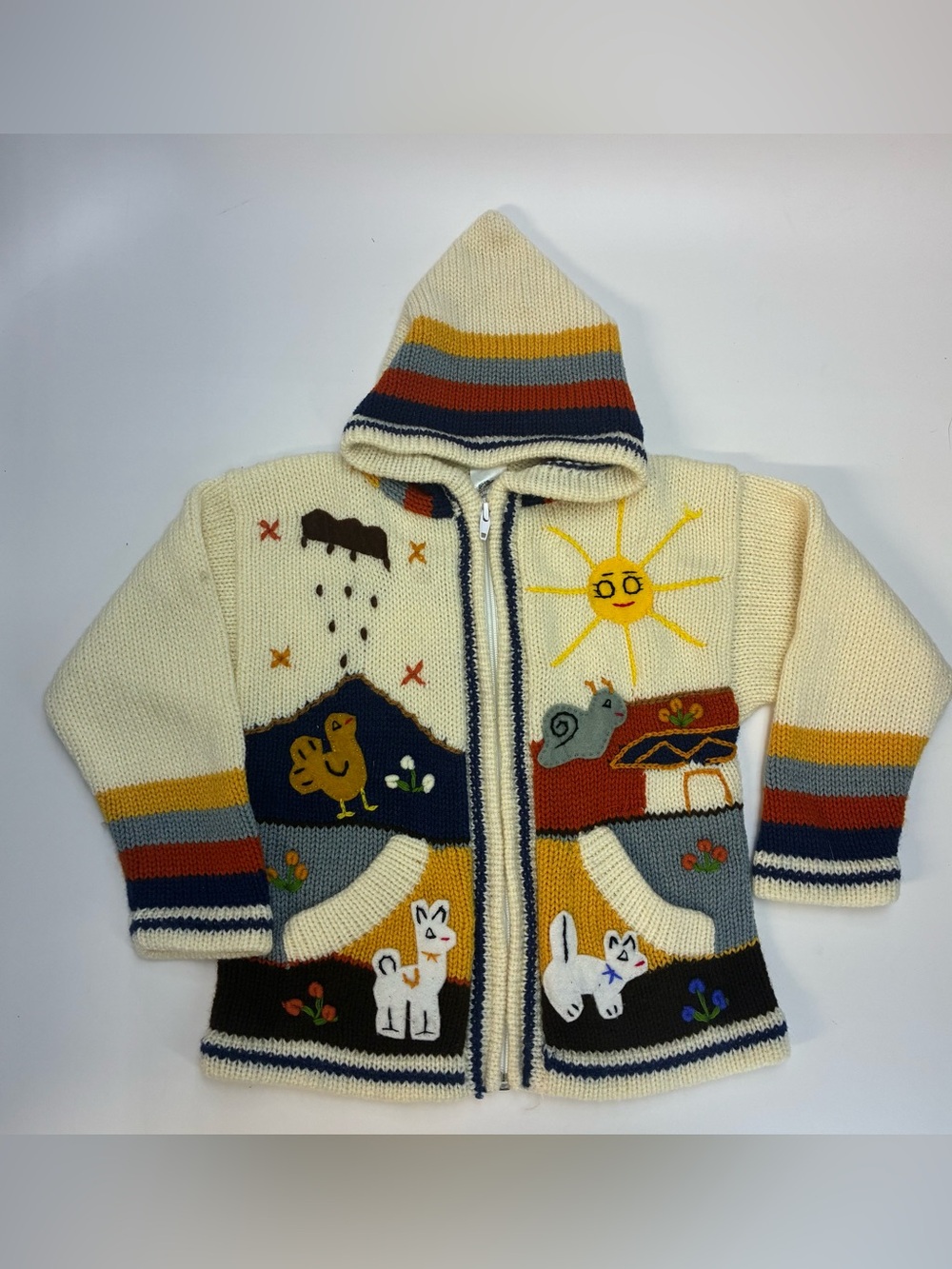 Adorable knit full-zip hooded kid’s sweater from Peru, size 6, llama, snail, cat